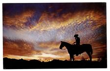 Cowboy smoking cigarette ~ horse ~ sunset silhouette 1950s Western ~ postcard picture
