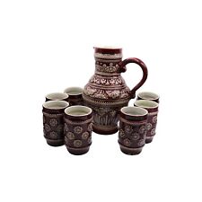 Marzi and Remy Burgundy German Stoneware Beer or Wine Pitcher and 7 Glasses picture