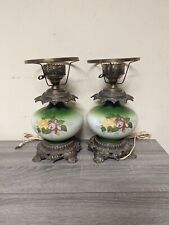 Lot Of 2 Vintage Hurricane Lamp Bases Green with Yellow Roses Rim 13