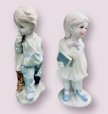 Vintage Porcelain School Boy With A Backpack, School Girl Figurines With A Book picture