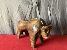 Rare Mid Century Modern Hand Carved Wood Bull Sculpture Wrought Iron Metal Horns picture