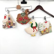 Vintage 4 pc Christmas trivet embroidery Goose Rocking Horse Gingerbread house picture