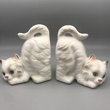 Vintage Lefton Fluffy White Cat Kitten Bookend Figurines picture