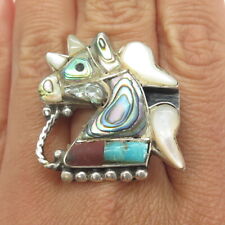 Old Pawn Sterling Silver Southwestern Turquoise Coral MOP Unicorn Ring Size 7.25 picture