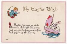 Easter Greetings c1915 young boy, bunny rabbits in a sailboat, My Easter Wish picture