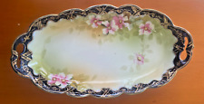 ANTIQUE  NIPPON Blue MAPLE LEAF mark OVAL DISH PINK FLOWERS  MORIAGE & GOLD picture