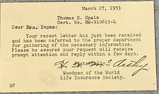 Vintage Woodmen of the World Reply Postcard March 27, 1953 picture