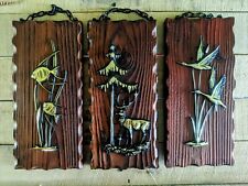 Set Of 3 Mid Century West Germany  Wood Wall Plaque Geese, Buck, Fish Vintage 3D picture