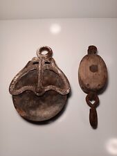 2 Antique Wood & Metal Farm Barn Pulleys  picture
