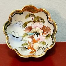 NIppon Colorful Hand Painted Porcelain Footed Open Salt Cellar Scalloped w/ Gold picture