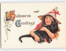 Postcard Halloween Greetings with Girl Cat Bat Halloween Art Print picture