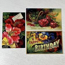 3 Vintage HAPPY BIRTHDAY Embossed Postcards Lot Colorful Florals Germany picture