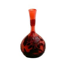 Emile Galle France Acid Etched Cameo Art Glass Banjo Vase Red Flowers picture