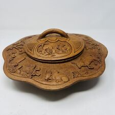 Vintage Hand Carved Wooden Japanese Village Intricate Covered Bowl  Wood 13” picture