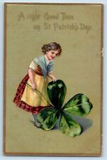 St. Patrick's Day Postcard Girl With Big Shamrock Embossed Tuck c1910's Antique picture