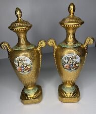 Set of 2 Vintage Le Mieux China 24k Gold Hand Painted Vase Urn picture