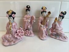 4 Vintage MCM Porcelain Asian Geisha Musicians Figurines Blossoms Pink Gold picture