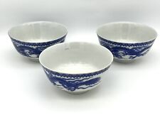 (3) Vintage Chinese Blue Three Claw Dragon Porcelain Bowls 4.5” Diameter picture