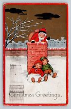 c1916 Santa Goes Down Chimney Kids Sleep Merry Christmas ANTIQUE Postcard picture