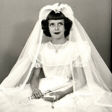 Photo First Communion Pretty Girl w Heart Veil Rosary Bible Candle dated 1955 picture