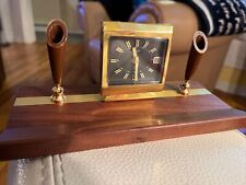 VTG MCM LINDEN Desk Clock Double Pen Holder Wood & Brass Tabletop HTF WORKS picture