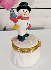 Vintage Christmas Holiday Snowman with Top Hat Scarf and Bird Trinket Box picture