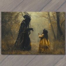 POSTCARD Eerie Forest Encounter Demon Cult Masked Children Girl Woods Dress picture