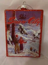 Ski Snow City Vintage Look Glass Postcard Christmas Ski 🏂Ornament Glitter/ NWT picture