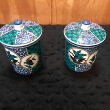 Vintage Japanese Porcelain Kutani Aoki Tea Cup set of 2 with Lids Blue/Green picture