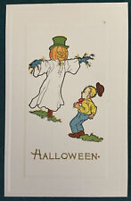 Halloween Postcard Ghost Scarecrow with Pumpkin Head Jack-o-Lantern Gibson Co picture
