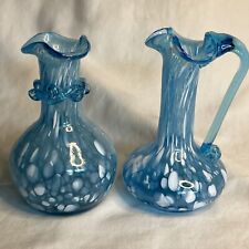 2 Small Hand Blown Pitcher and Vase Turquoise Blue White Spatter Ruffled Edge picture