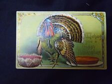 1914 Wishing You A Happy Thanksgiving, Turkey With Pies Embossed Postcard picture