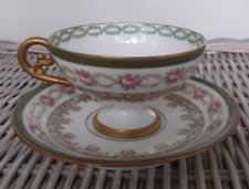 J. Pouyat Limoges Pedestal Footed Small Tea Cup and Saucer - Roses & Laurels picture