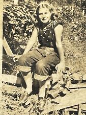 MB Photograph Pretty Woman Lovely 1920's Sitting On Fence Denim Jeans Worn Photo picture