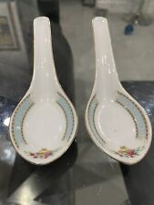Vtg 2pc Chinese Porcelain SWATOW CHINA Soup Spoons-Floral White Blue picture