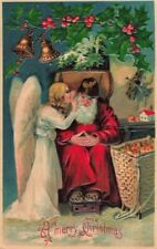 Santa Claus with Whispering Angel~Holly~Antique Embossed Christmas Postcard~k-4 picture