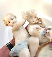 LG TWO Pair Nude Antique Cherubs Porcelain Entry Fireplace Piano Bisque Statues picture