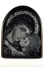 VTG Mother Mary and Jesus Religious Orthodox Icon Handmade Plaque Stand Ukraine picture