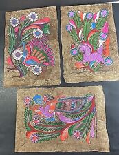 3 Retro Mexican Folk Art Amate Bark Paintings Bright Colors Flowers Birds picture