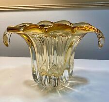VTG MURANO STYLE AMBER GOLD WATERFALL TULIP W/ HANDLES ART GLASS DECORATIVE VASE picture