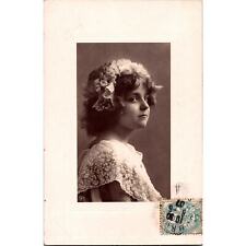 Vintage Edwardian Postcard Beautiful Young Girl Lace Dress and Flowers in Hair picture