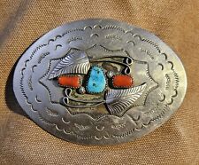 Vtg Genuine Turquoise & Coral Native American Stamped Nickel Silver Belt Buckle picture