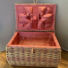 Vintage Japan PINK Wicker Sewing Basket With Pincushion Top - Tray - Handle picture