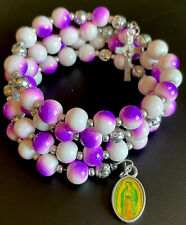 Vintage Hombre Purple White Glass 5 Decade Rosary Coil Bracelet Guadalupe Medal picture