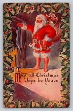 c1910 Santa Claus  Toys Bag Holly Hanging Stockings Christmas P31 Damaged picture