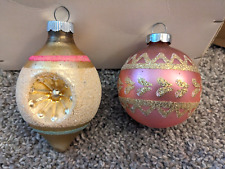 Vintage Shiny Brite Double Indent Teardrop & Ball Glass Ornament Mica Pink Gold picture