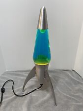 Vintage 1990s ROCKET SHIP LAVA LAMP LITE Silver Blue/Green/Yellow Spencer’s picture