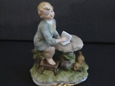 Vintage Candrea Porcelain Bisque School Boy with book and dog on Toadstool picture
