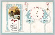 Happy New Year Art Nouveau  Clock Golden Minutes 5 Past Midnight Postcard 1913 picture