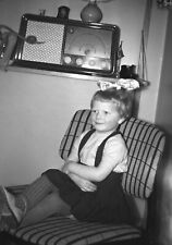 Black and White Photo Little Girl Sitting in Chair Old Radio Above  Reprint A-11 picture